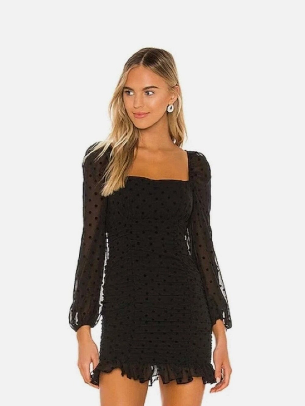 Lovers + Friends Black Swiss Dot Square Neck Long Sleeve Mini Dress